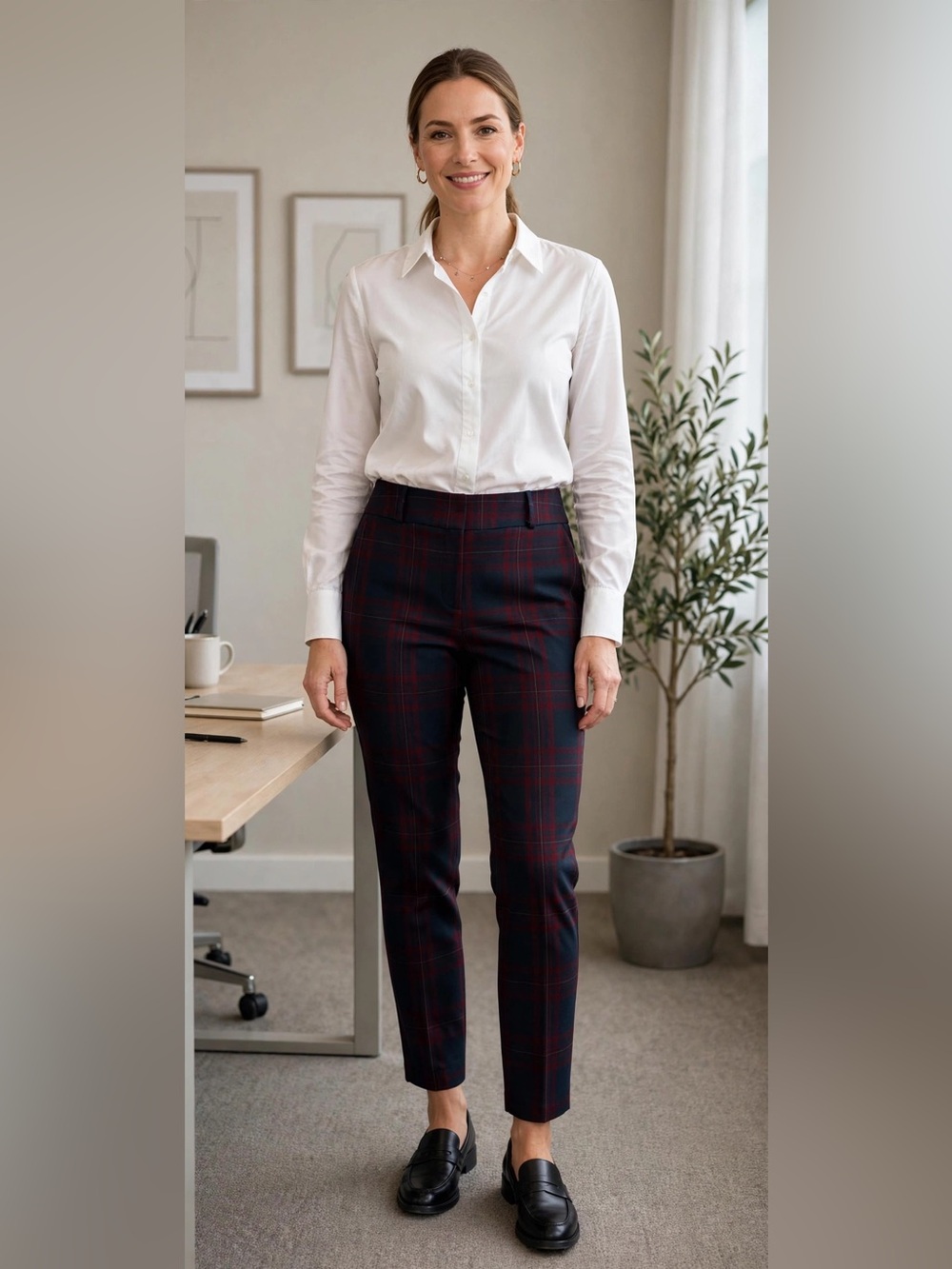 LOFT Navy and Red Plaid Skinny Pants